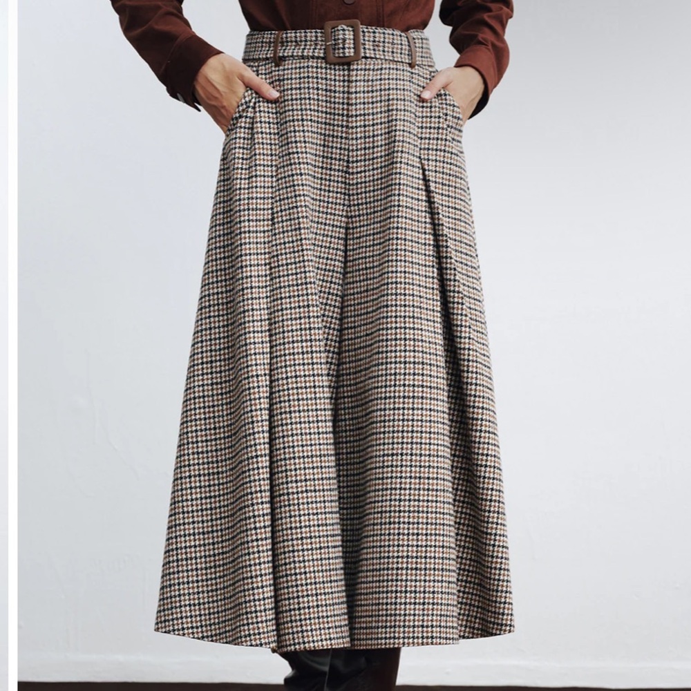High-Waist Belted Houndstooth Wide-Leg Pants